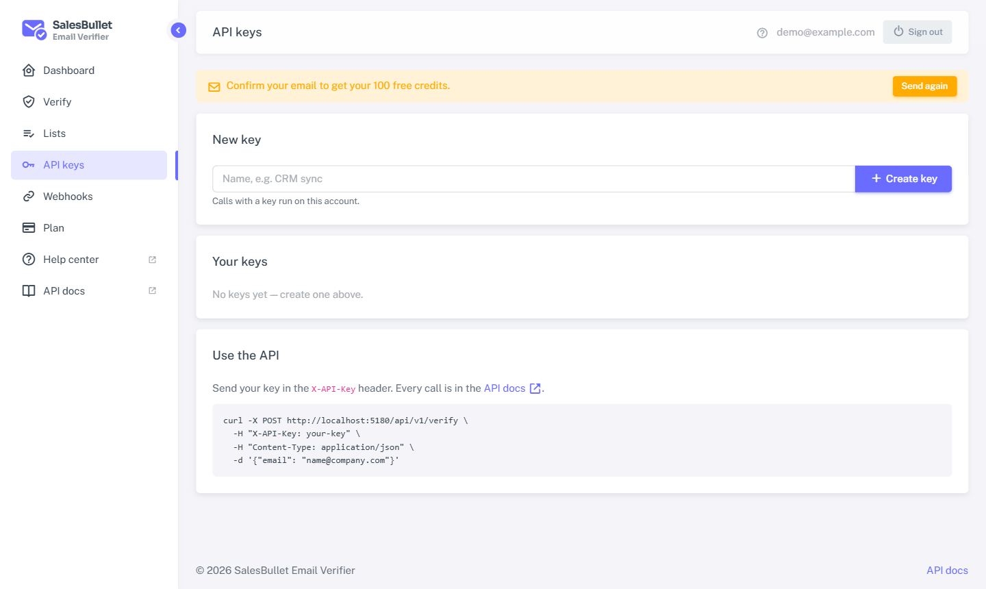 The API keys page
