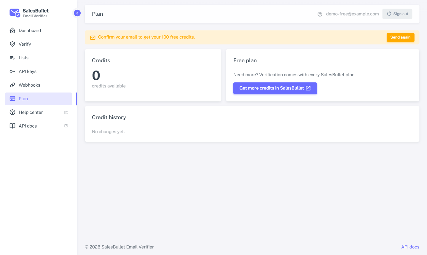 The Plan page: your credits, plan and history