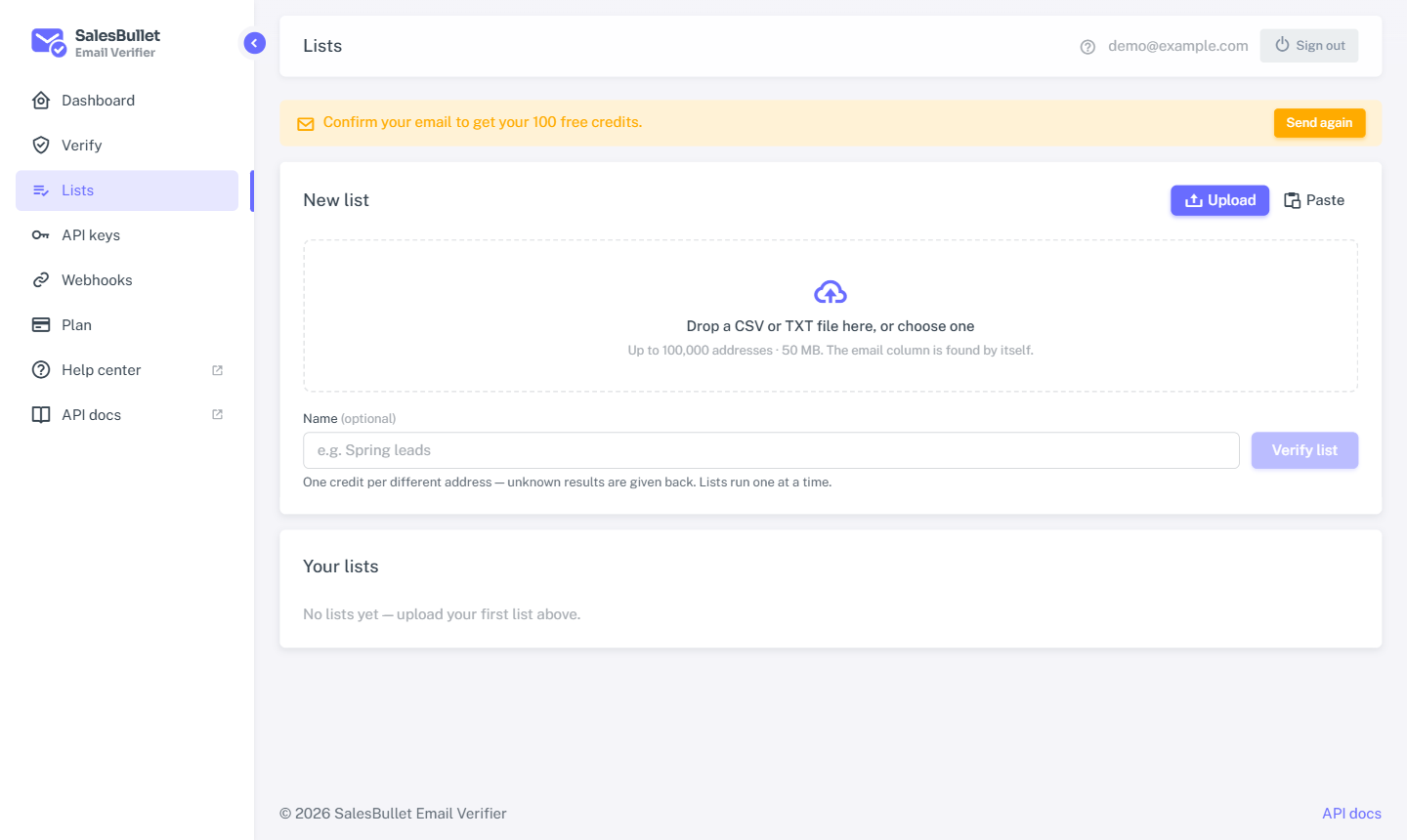 Start a list: upload a file or paste addresses